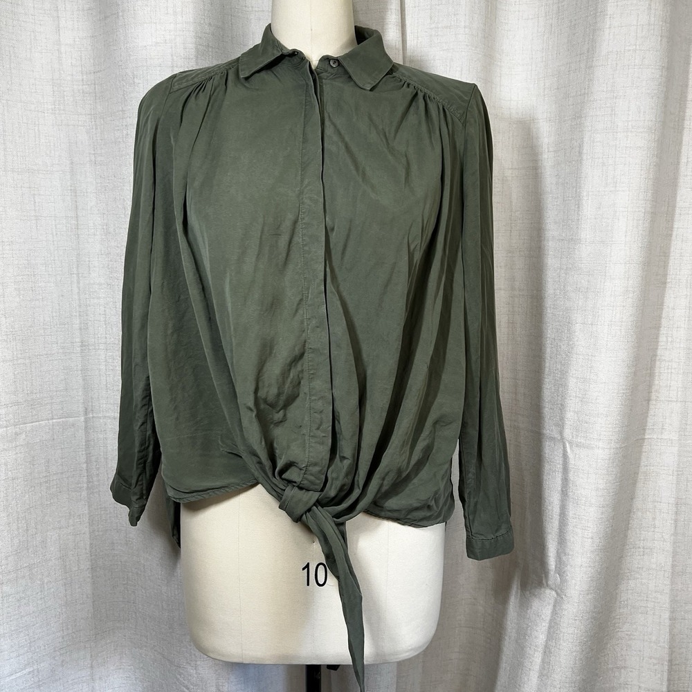 Maeve Anthropologie Olive Green Tuesday Blouse Button Down Tie Front Top Small